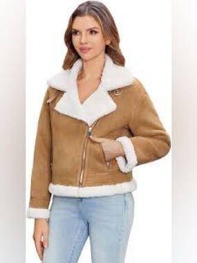 Women's Tan Faux Shearling Moto Jacket with White Trim